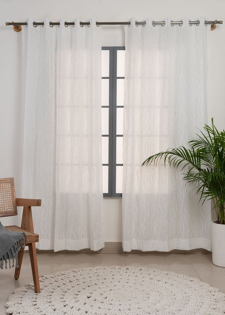 Grass Fields White 100% cotton sheer floral curtain for living room - Light filtering - Single Piece | SHOBITAM