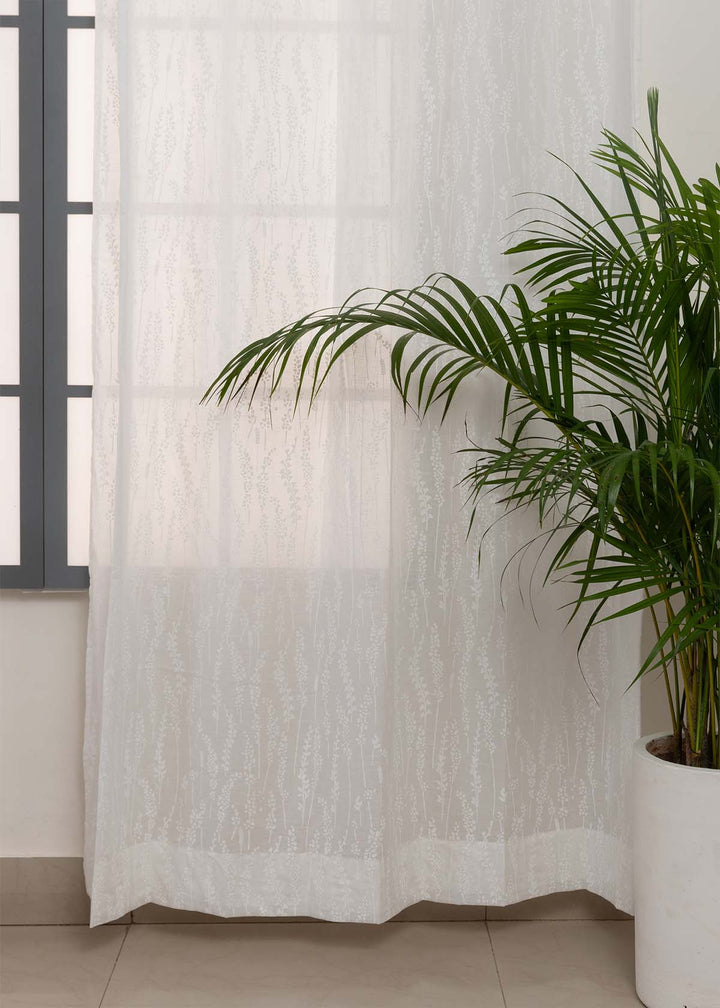 Grass Fields White 100% cotton sheer floral curtain for living room - Light filtering - Single Piece | SHOBITAM