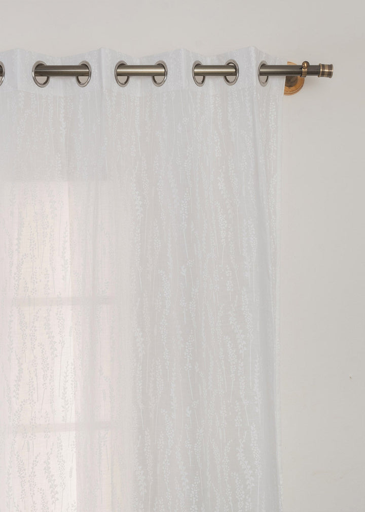 Grass Fields White 100% cotton sheer floral curtain for living room - Light filtering - Single Piece | SHOBITAM