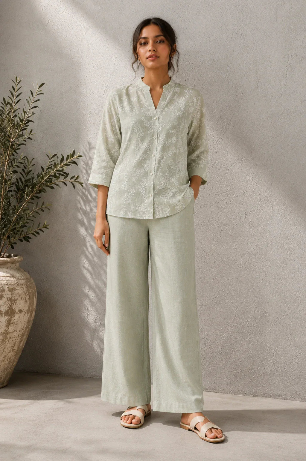 Green Essence Embroidered Linen Co-Ord Set | SHOBITAM