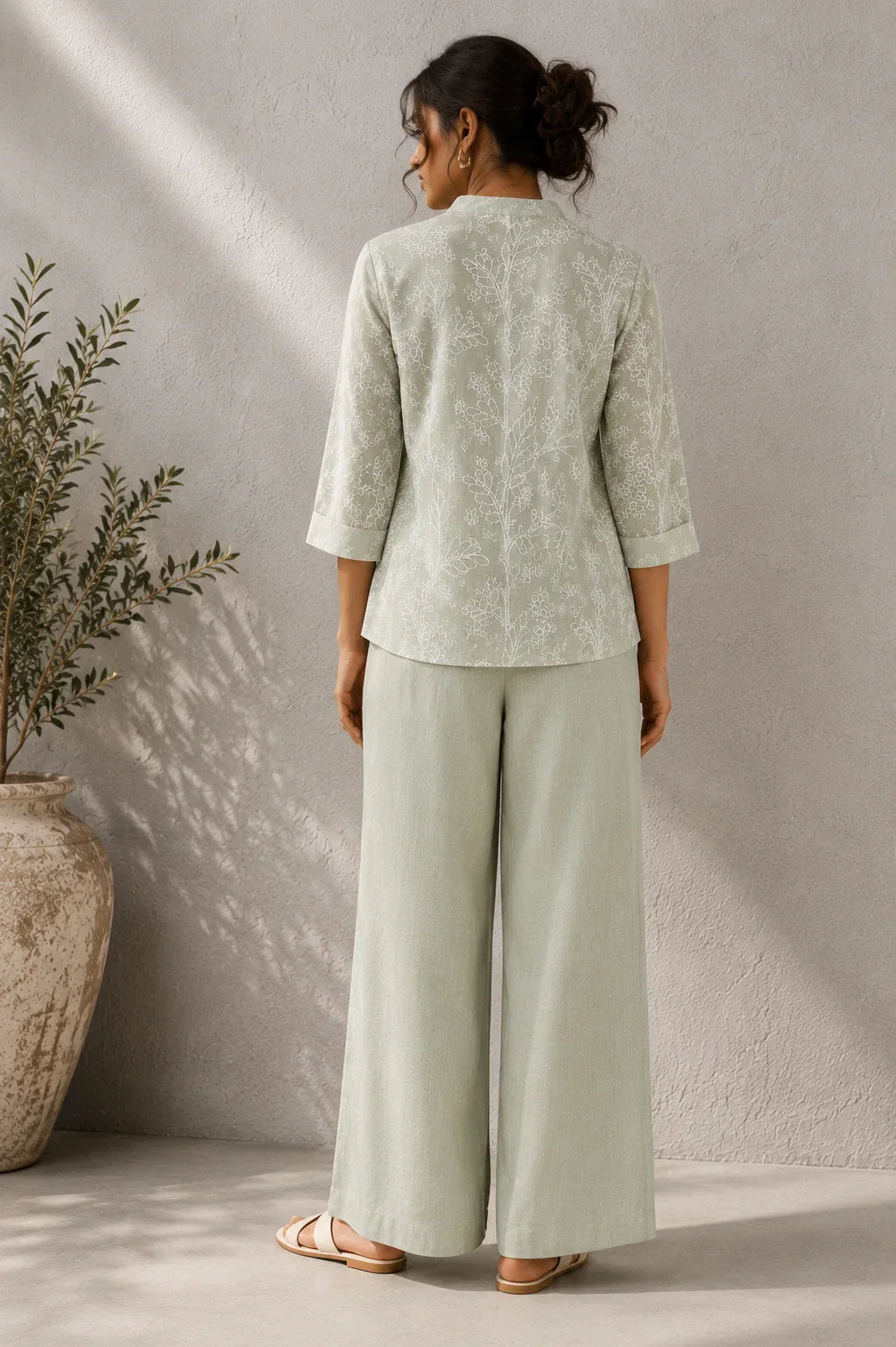 Green Essence Embroidered Linen Co-Ord Set | SHOBITAM