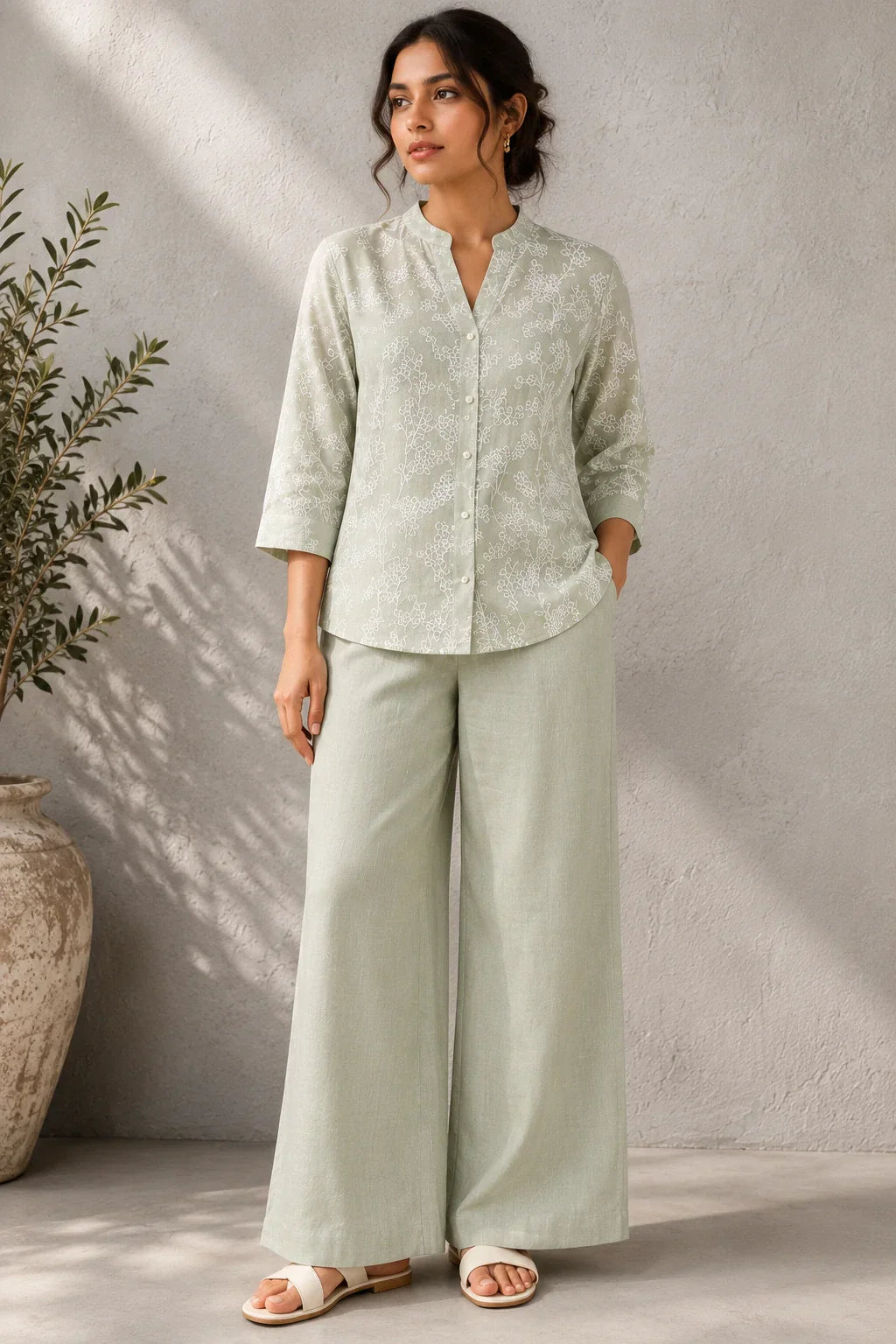 Green Essence Embroidered Linen Co-Ord Set | SHOBITAM