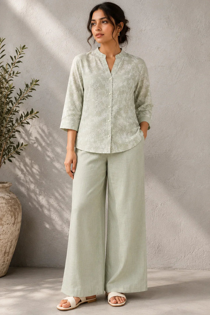 Green Essence Embroidered Linen Co-Ord Set | SHOBITAM