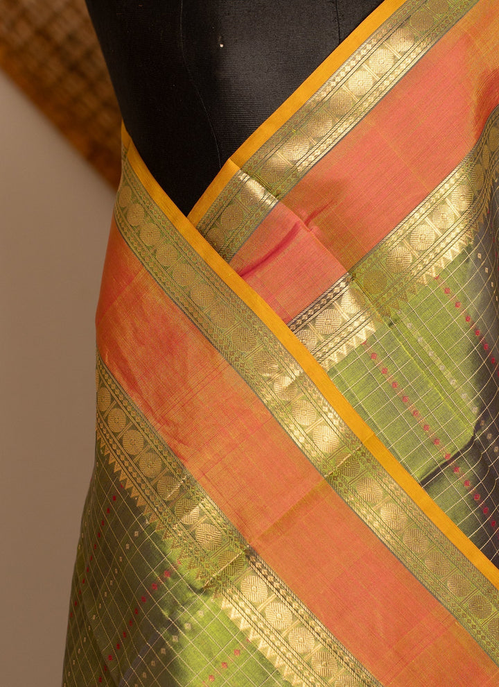 Green Handloom Kanchi Silk Cotton Dupatta Marugadham | SHOBITAM