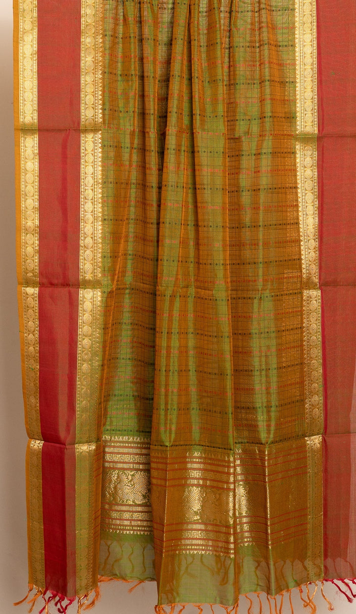 Green Handloom Kanchi Silk Cotton Dupatta Marugadham | SHOBITAM