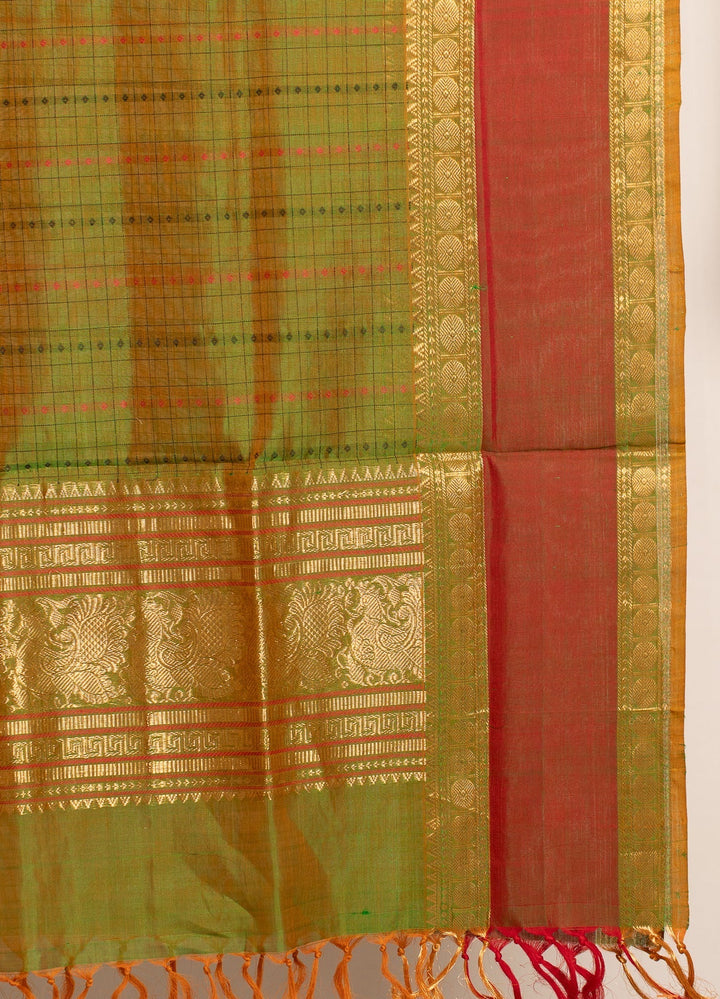 Green Handloom Kanchi Silk Cotton Dupatta Marugadham | SHOBITAM