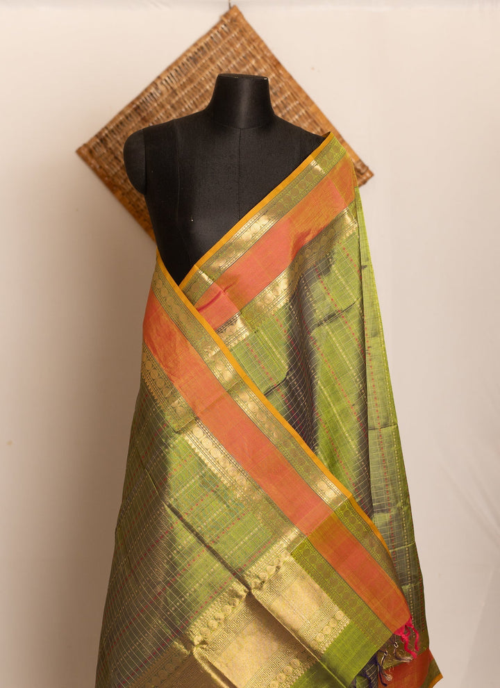 Green Handloom Kanchi Silk Cotton Dupatta Marugadham | SHOBITAM