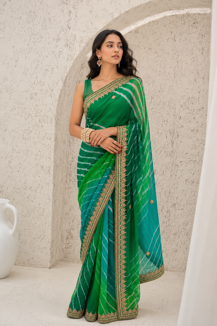 Green-Teal Tie-Dye Leheriya Georgette with Gotta patti Saree | SHOBITAM