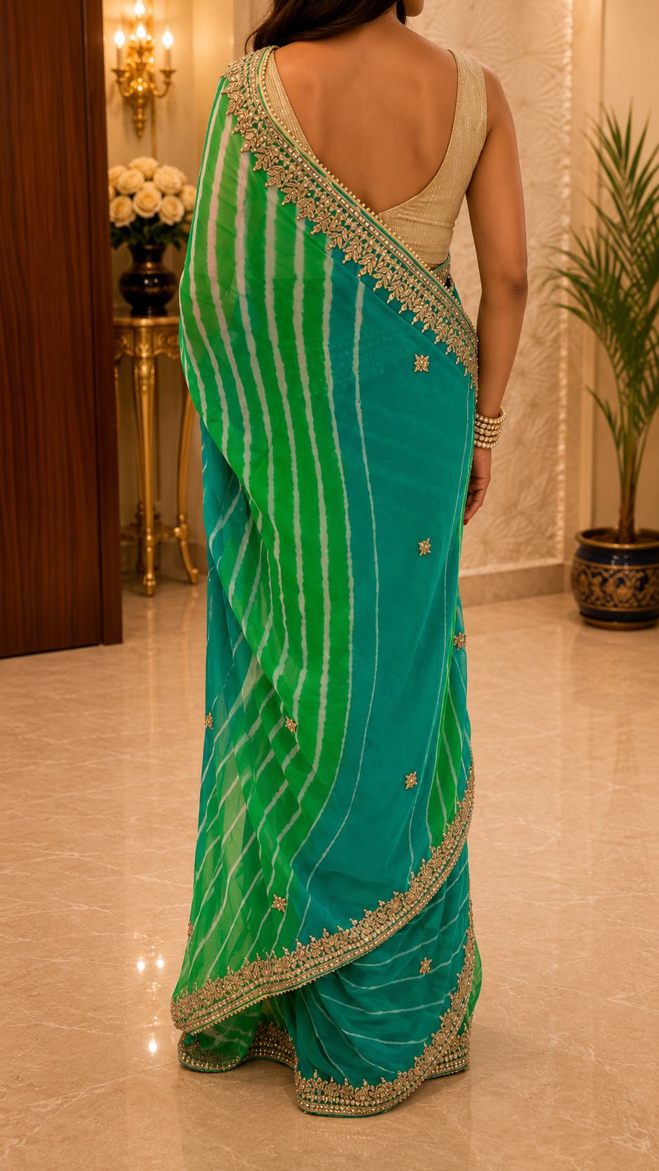 Green-Teal Tie-Dye Leheriya Georgette with Gotta patti Saree | SHOBITAM