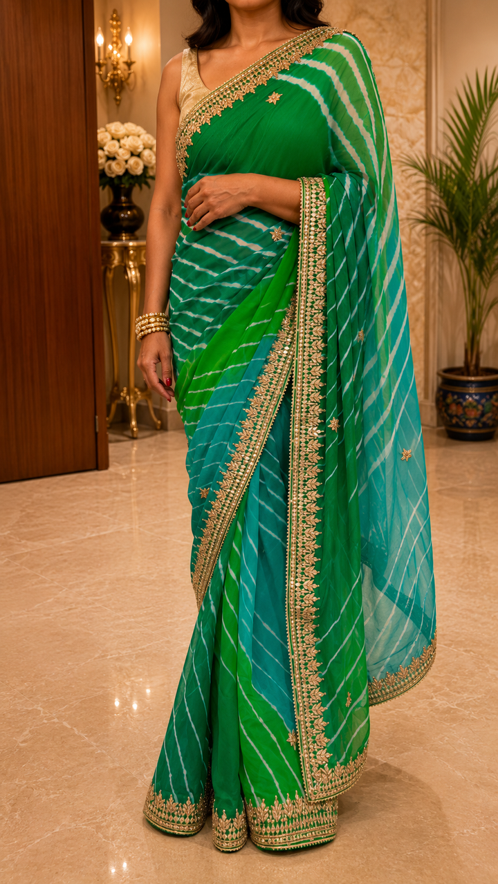 Green-Teal Tie-Dye Leheriya Georgette with Gotta patti Saree | SHOBITAM