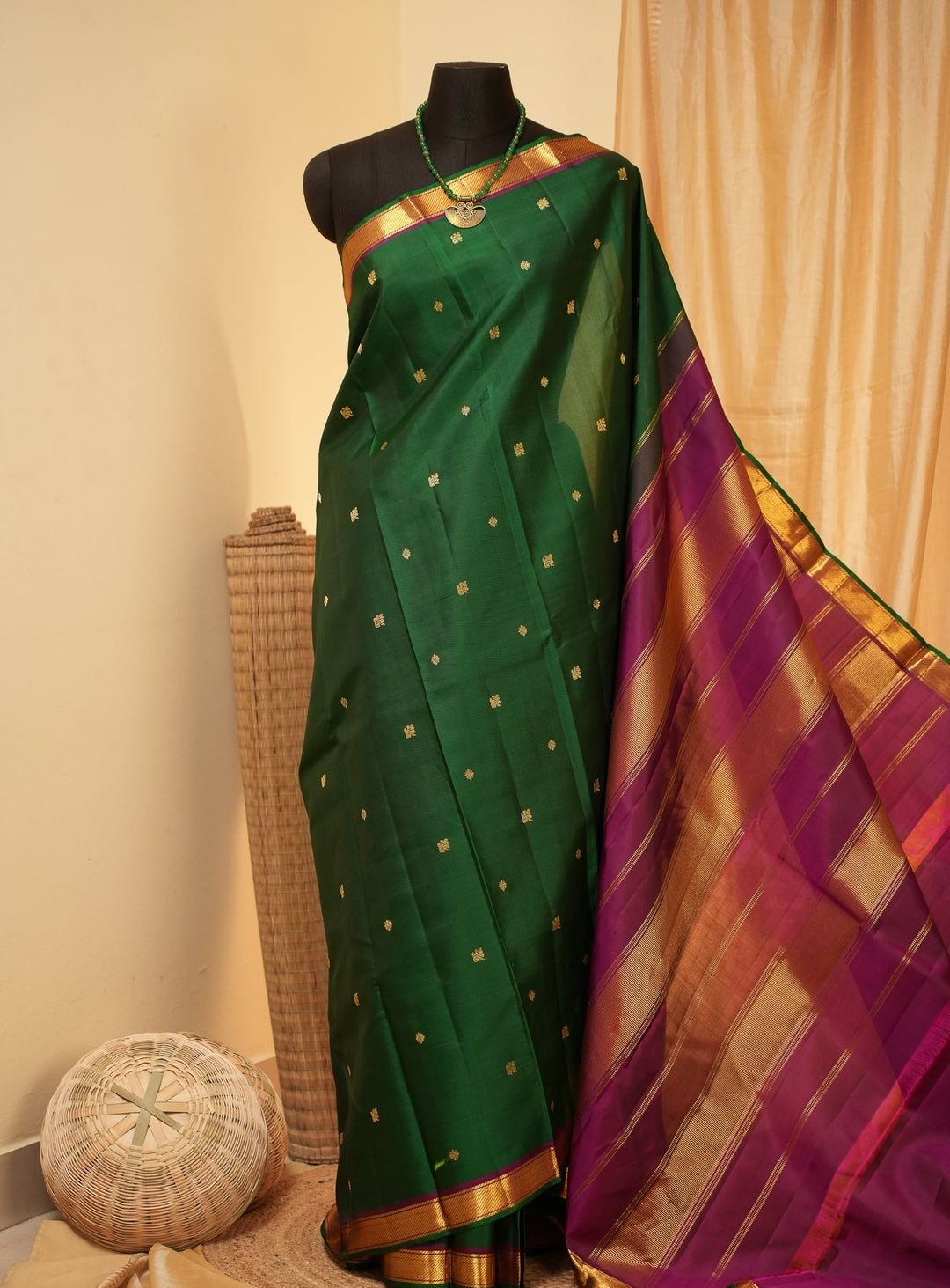 Green With Magenta Kanjivaram Handloom Pure Zari Saree Meenakshi | SILK MARK CERTIFIED | SHOBITAM