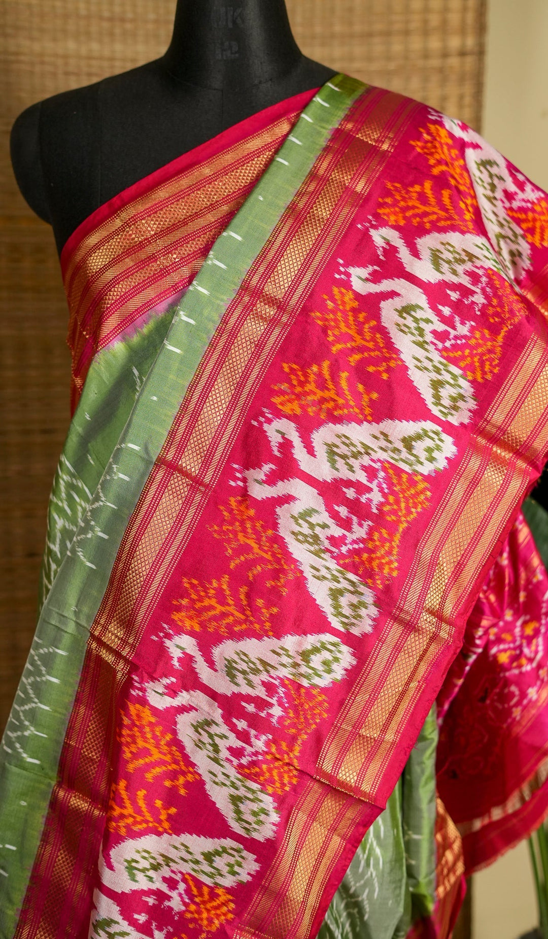 Green With Red Pochampally Ikkat Silk Saree Sindoora | SILK MARK CERTIFIED | SHOBITAM