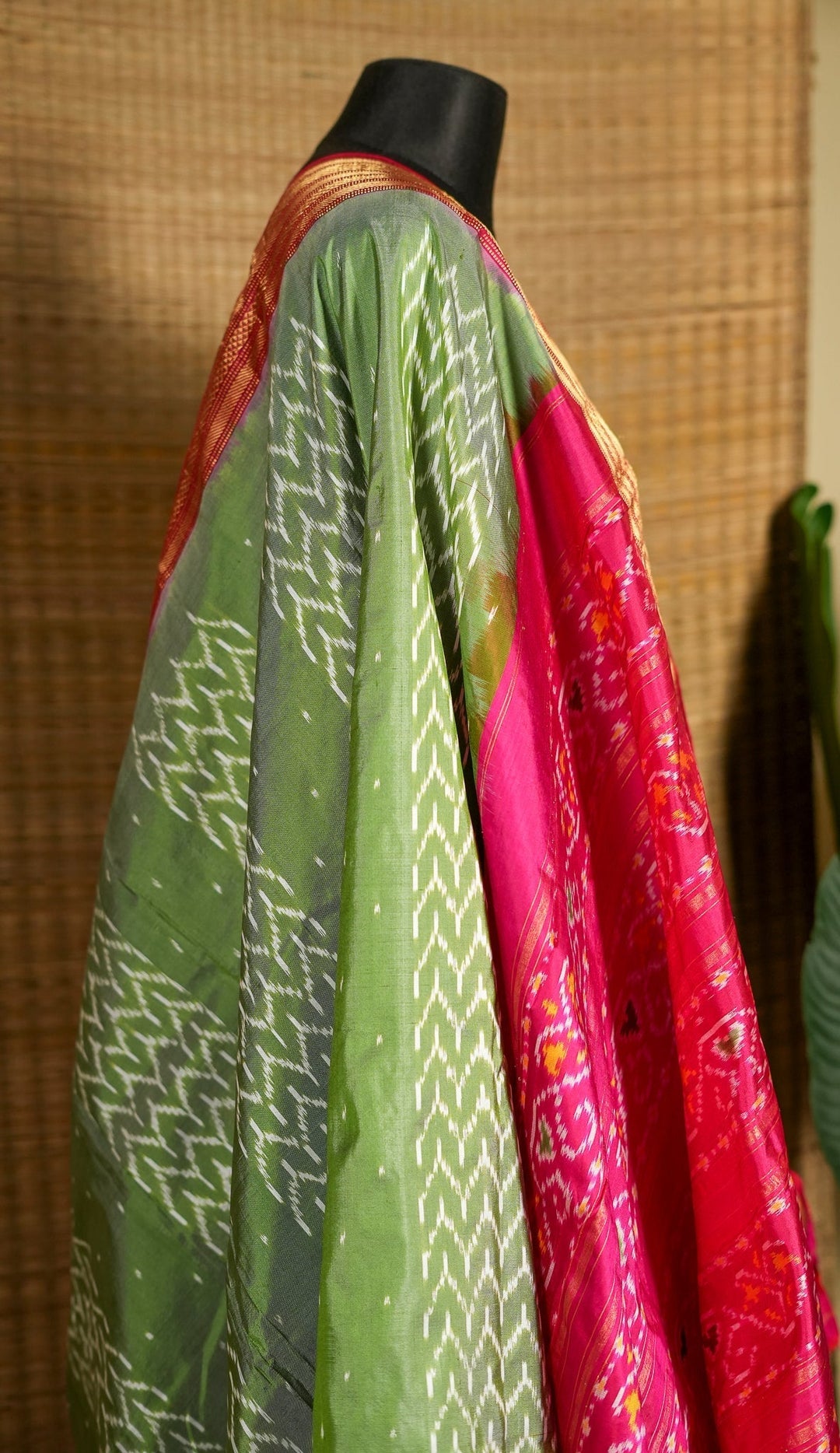 Green With Red Pochampally Ikkat Silk Saree Sindoora | SILK MARK CERTIFIED | SHOBITAM