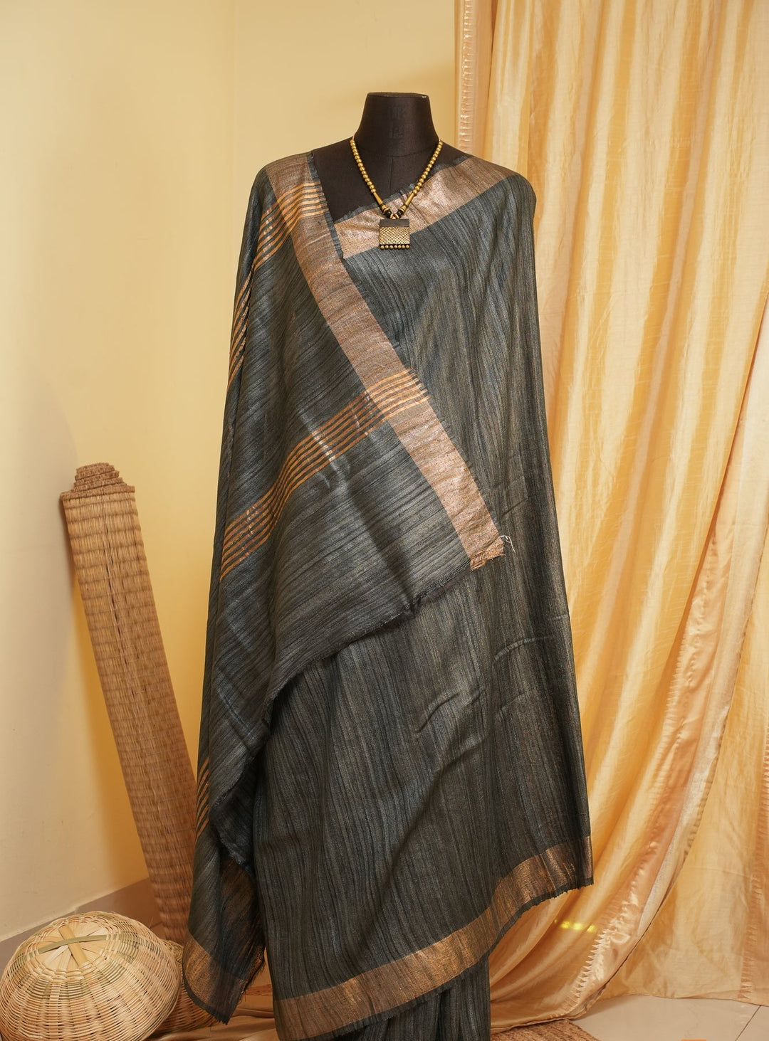 Grey Black Bhagalpur Tussar Handwoven Silk Saree