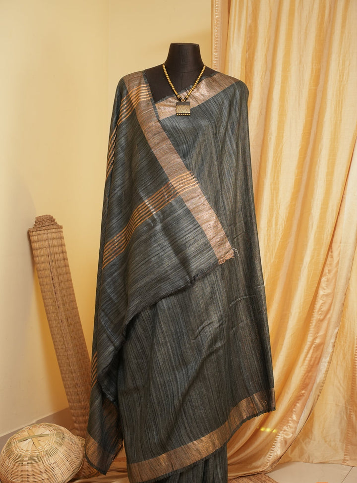 Grey Black Bhagalpur Tussar Handwoven Silk Saree