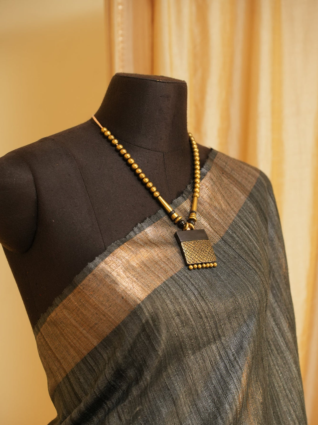 Grey Black Bhagalpur Tussar Handwoven Silk Saree