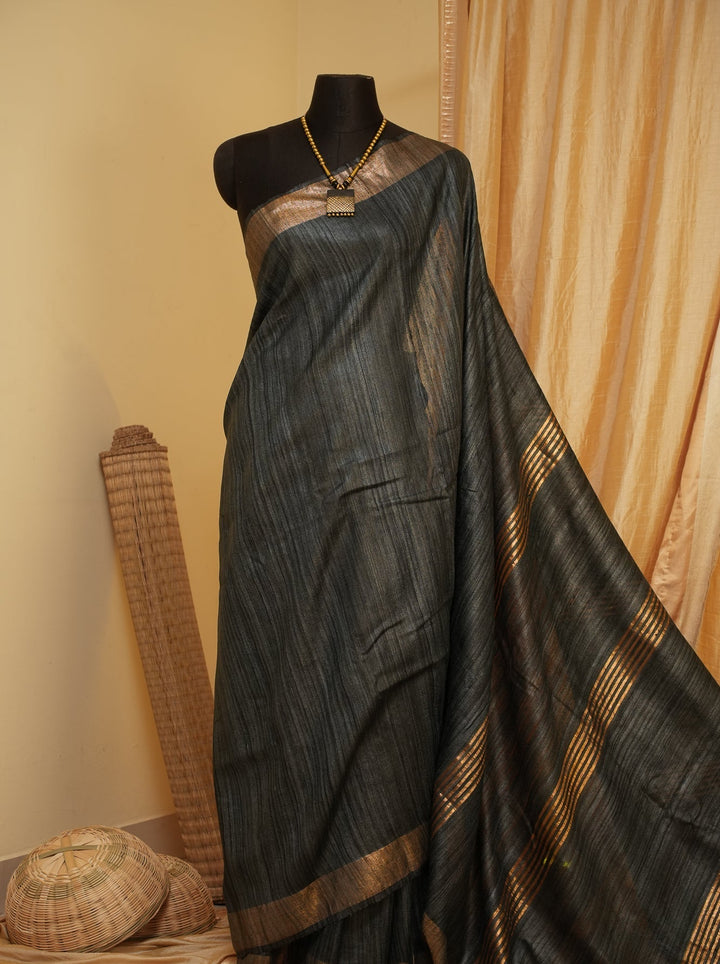 Grey Black Bhagalpur Tussar Handwoven Silk Saree
