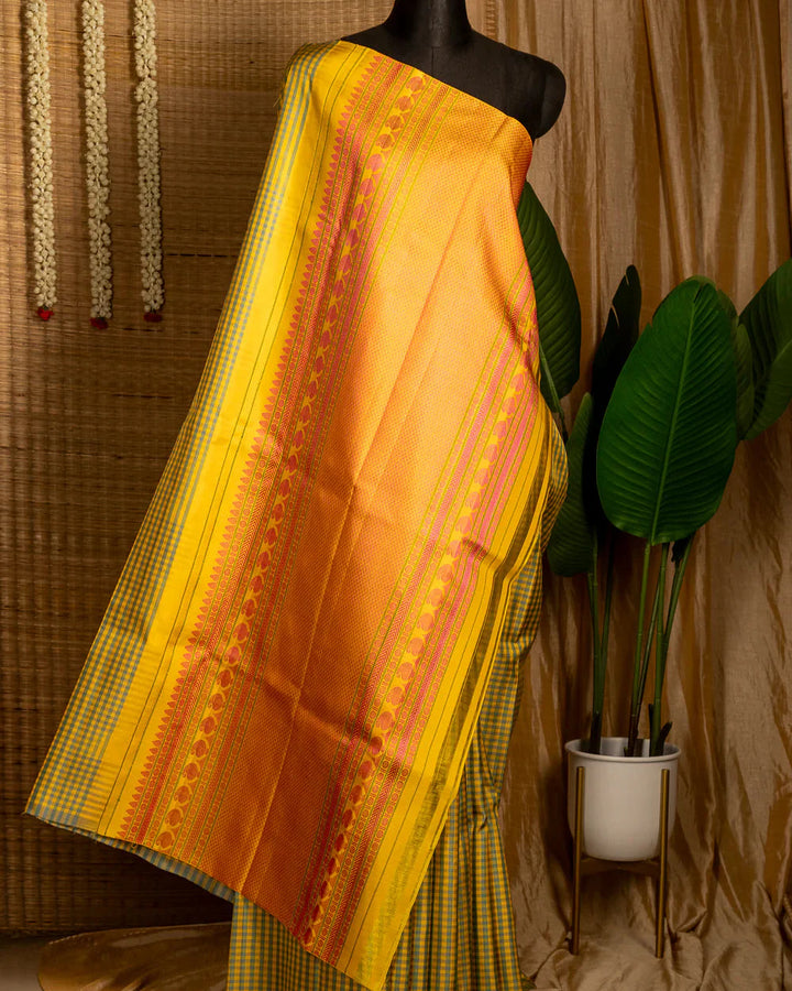 Grey and Yellow Checkered Molkalmuru Silk Saree | SILK MARK CERTIFIED