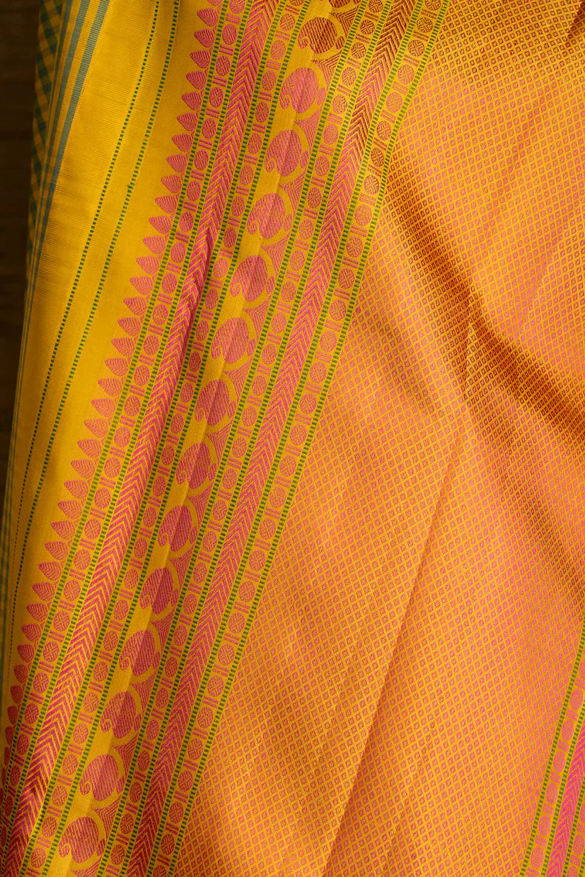 Grey and Yellow Checkered Molkalmuru Silk Saree | SILK MARK CERTIFIED
