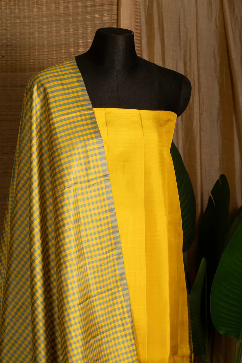 Grey and Yellow Checkered Molkalmuru Silk Saree | SILK MARK CERTIFIED