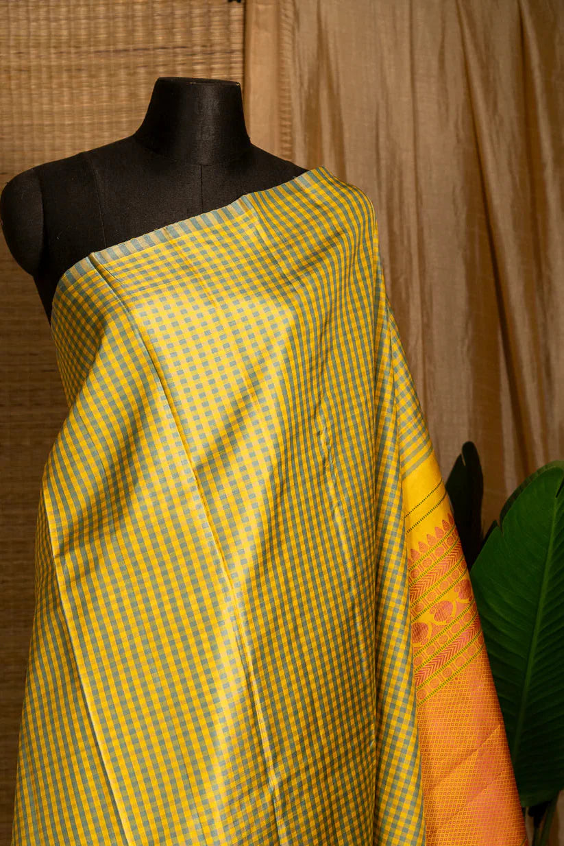 Grey and Yellow Checkered Molkalmuru Silk Saree | SILK MARK CERTIFIED