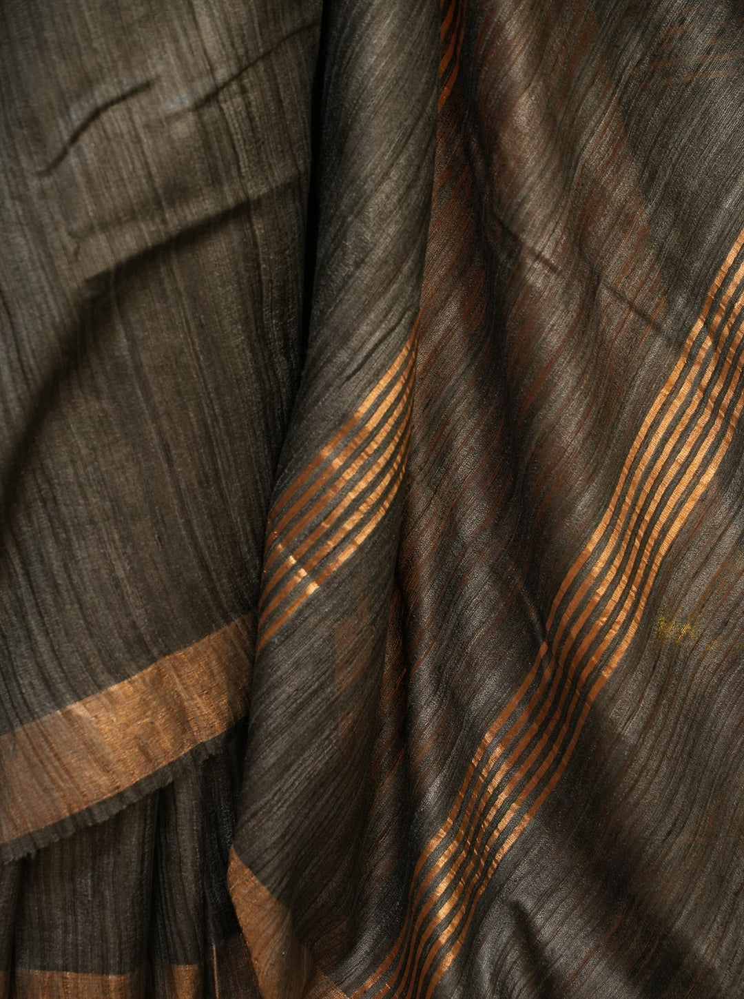 Grey Black Bhagalpur Tussar Handwoven Silk Saree