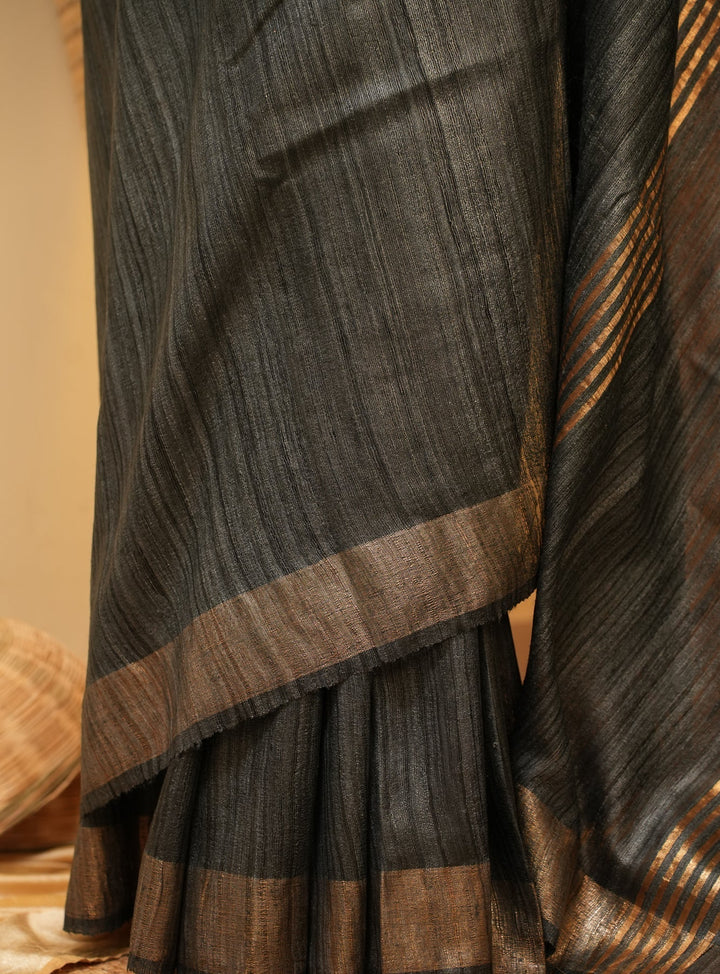 Grey Black Bhagalpur Tussar Handwoven Silk Saree