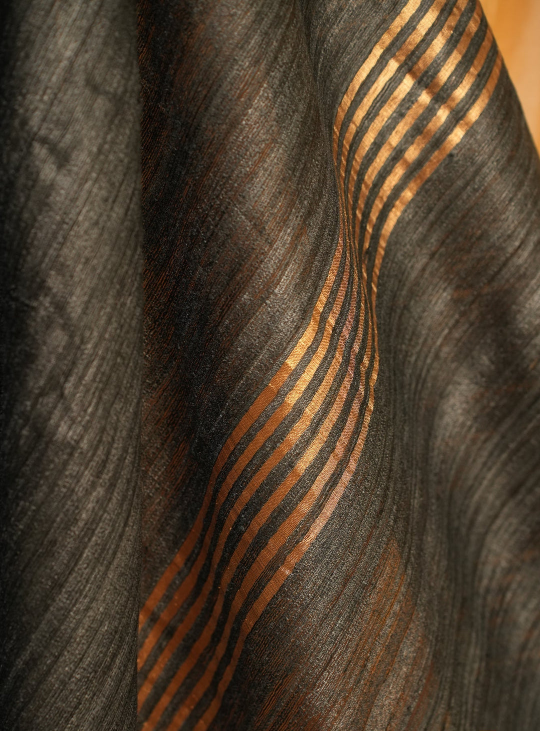 Grey Black Bhagalpur Tussar Handwoven Silk Saree