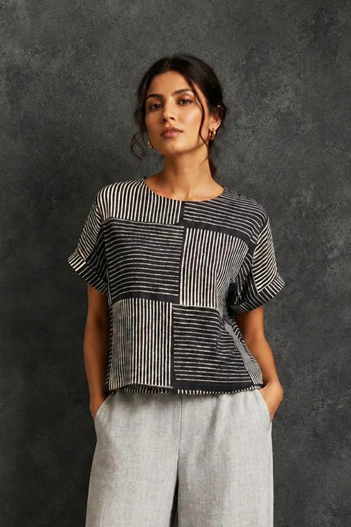 Grey Box Checks Hand Block Print Top | SHOBITAM