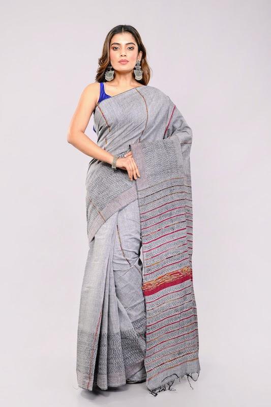 Grey Khesh Kantha Cotton Saree | SHOBITAM