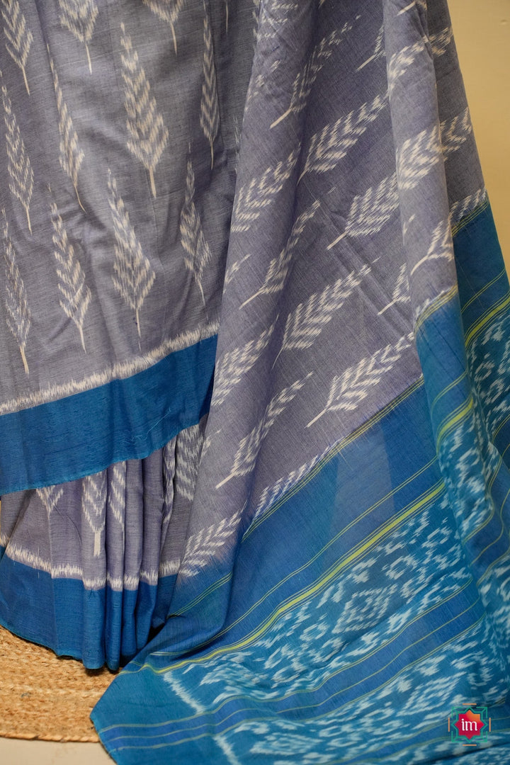 Grey With Blue Pochampally Ikkat Cotton Saree Summer Cloud | SHOBITAM
