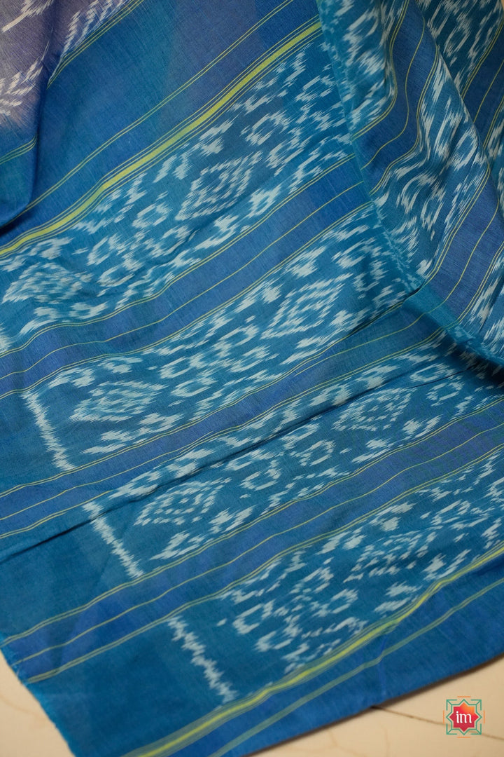 Grey With Blue Pochampally Ikkat Cotton Saree Summer Cloud | SHOBITAM