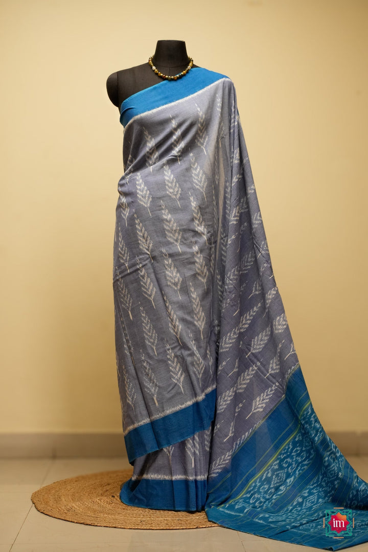 Grey With Blue Pochampally Ikkat Cotton Saree Summer Cloud | SHOBITAM