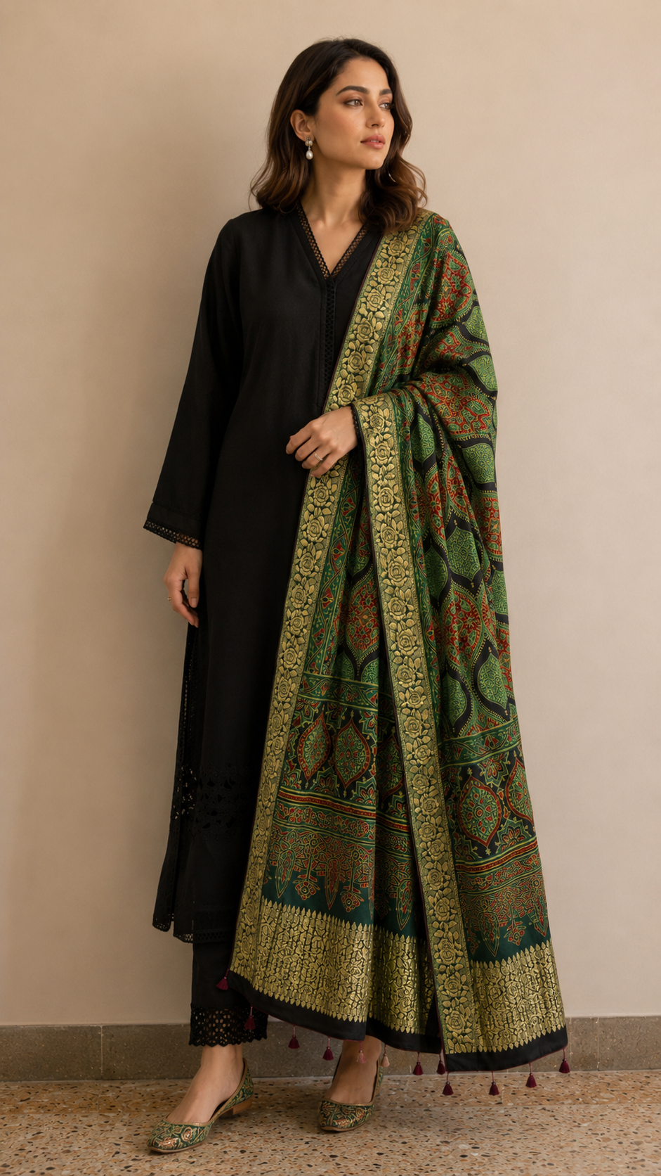 Green Ajrakh Modal Silk Dupatta | SHOBITAM
