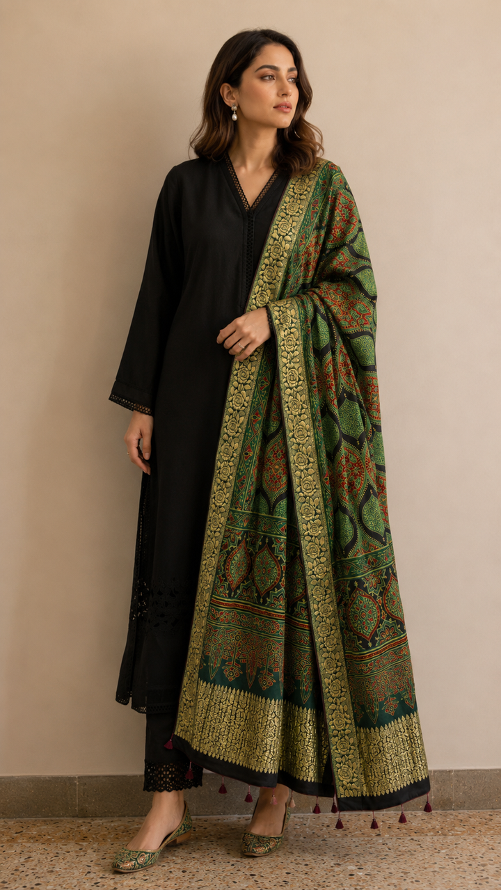 Green Ajrakh Modal Silk Dupatta | SHOBITAM