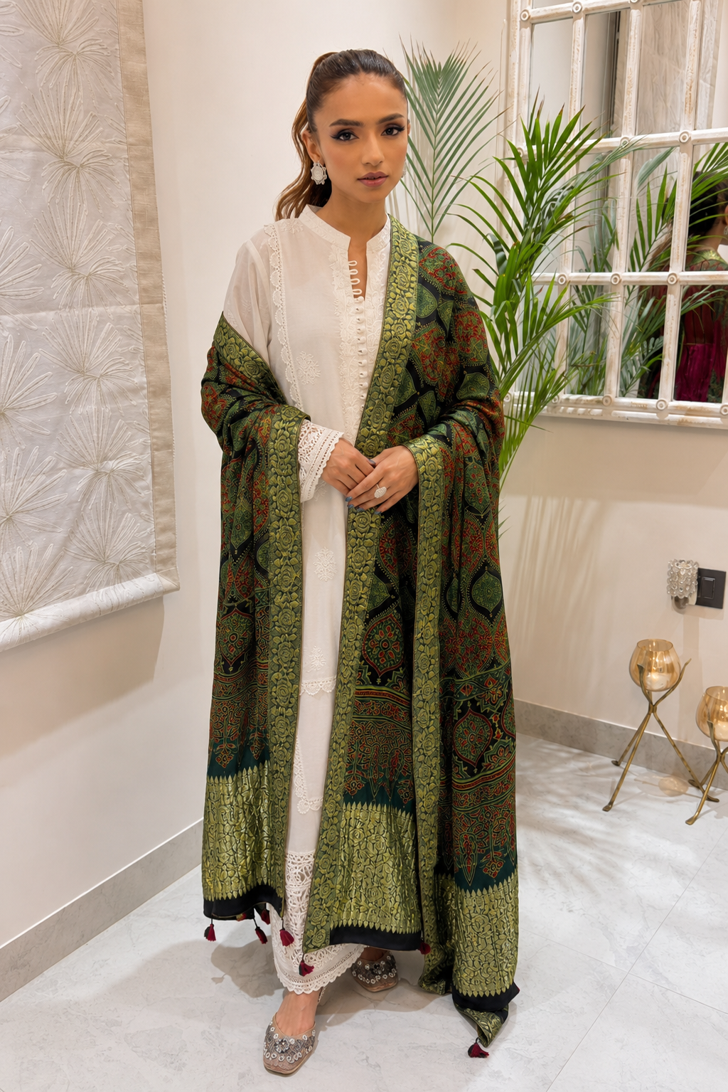 Green Ajrakh Modal Silk Dupatta | SHOBITAM