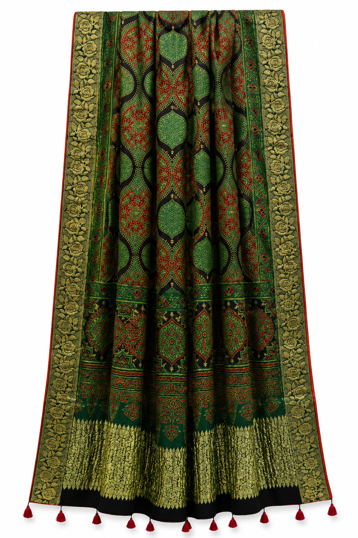 Green Ajrakh Modal Silk Dupatta | SHOBITAM