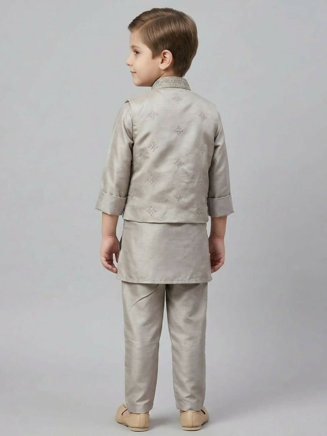 Boys Grey Kurta Pajama Set with Printed Nehru Jacket | SHOBITAM