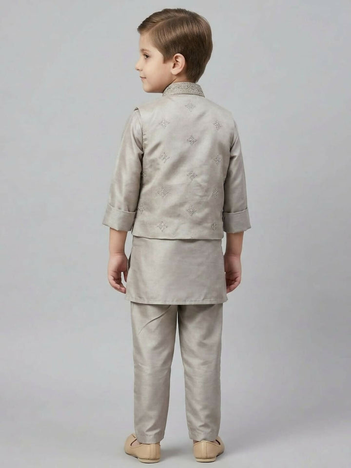 Boys Grey Kurta Pajama Set with Printed Nehru Jacket | SHOBITAM