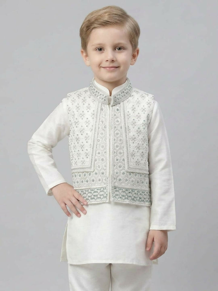 Boys Embroidered White & Grey Kurta Pajama Set with Ethnic Jacket | SHOBITAM