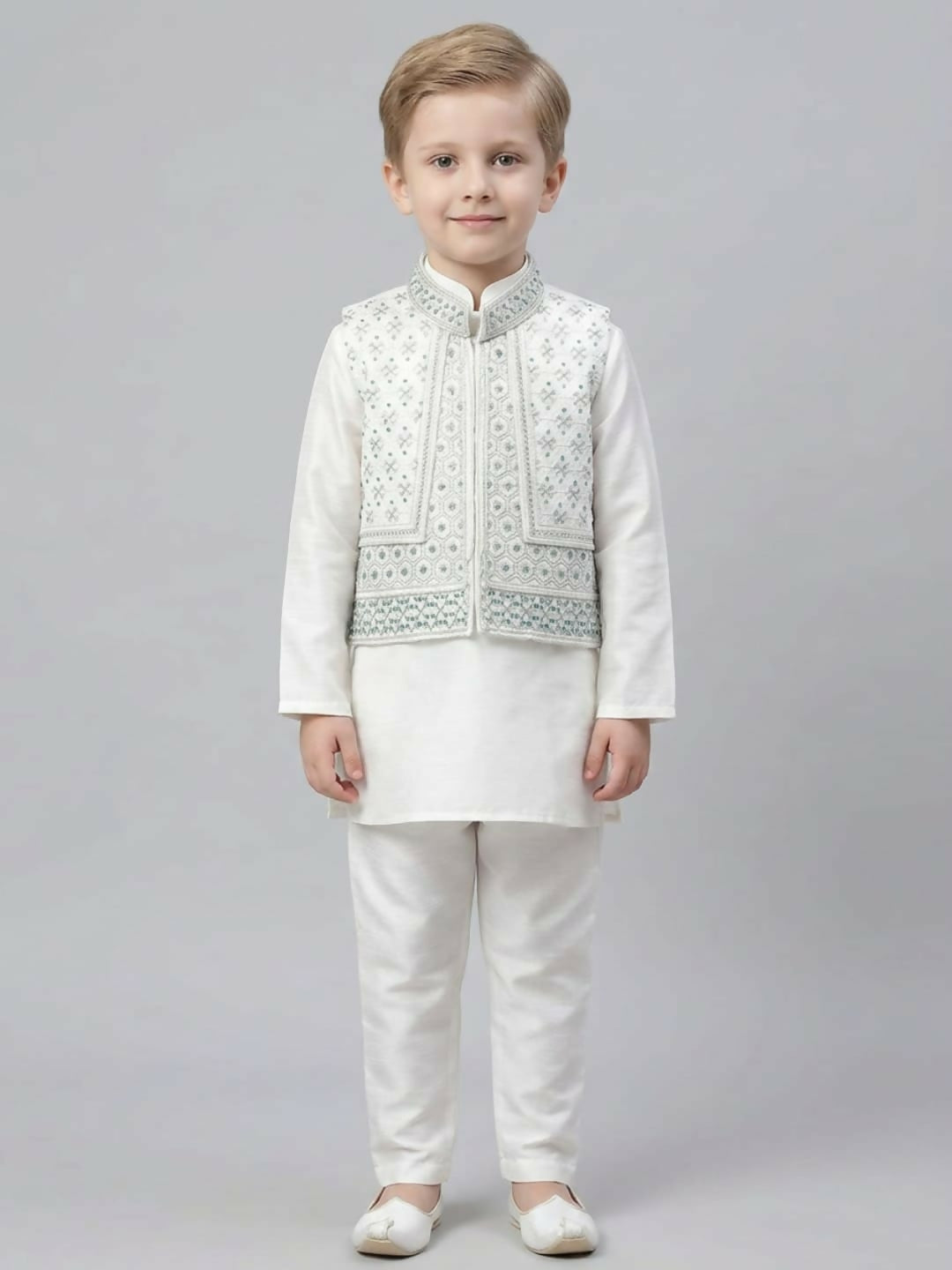 Boys Embroidered White & Grey Kurta Pajama Set with Ethnic Jacket | SHOBITAM