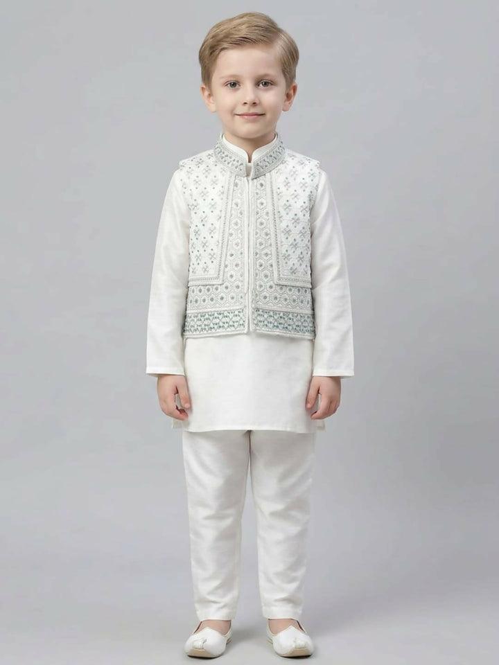 Boys Embroidered White & Grey Kurta Pajama Set with Ethnic Jacket | SHOBITAM