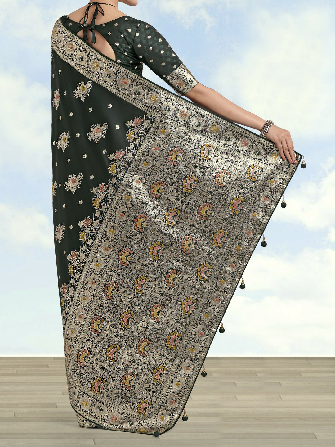 Dark Green Zari Woven Banarasi Satin Silk Saree | SHOBITAM