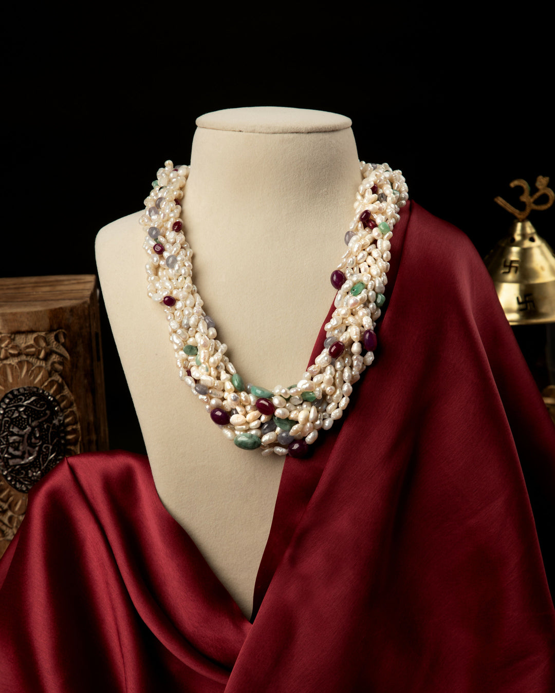 Triveni Ratna Pearl Mala- Ruby, Emerald and Tanzanite with Braided Pearls | SHOBITAM