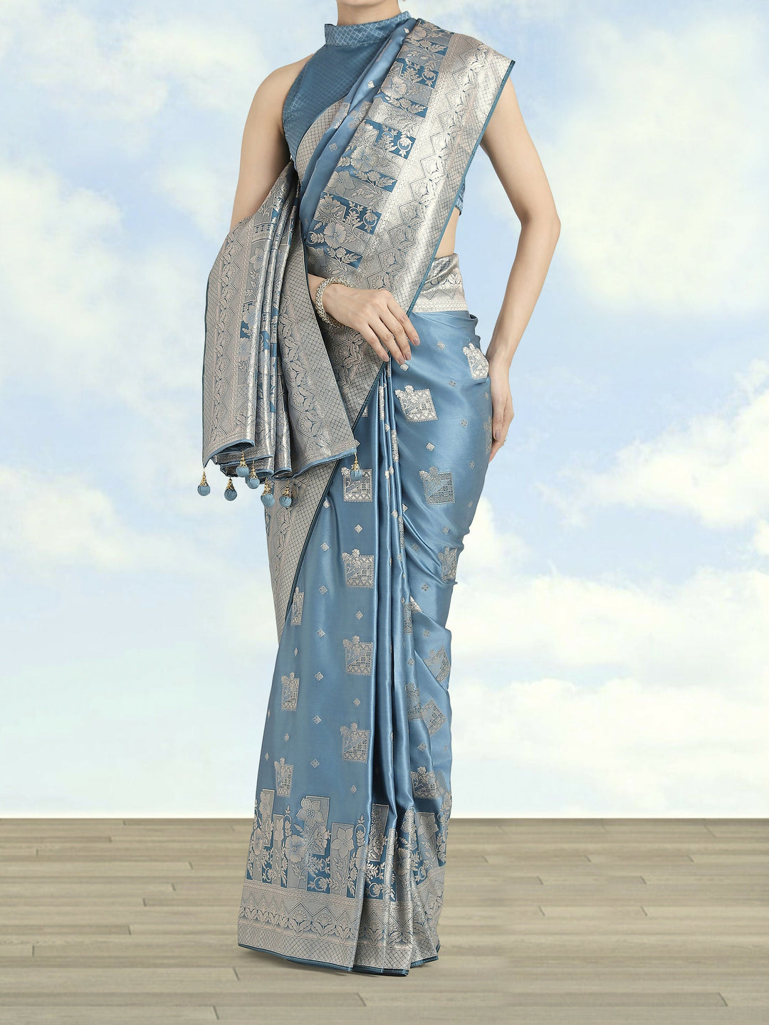 Cyan blue Pink Color Banarasi Satin Silk Zari Weaving Saree |SHOBITAM