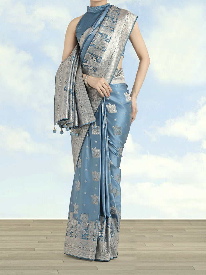 Cyan blue Pink Color Banarasi Satin Silk Zari Weaving Saree |SHOBITAM
