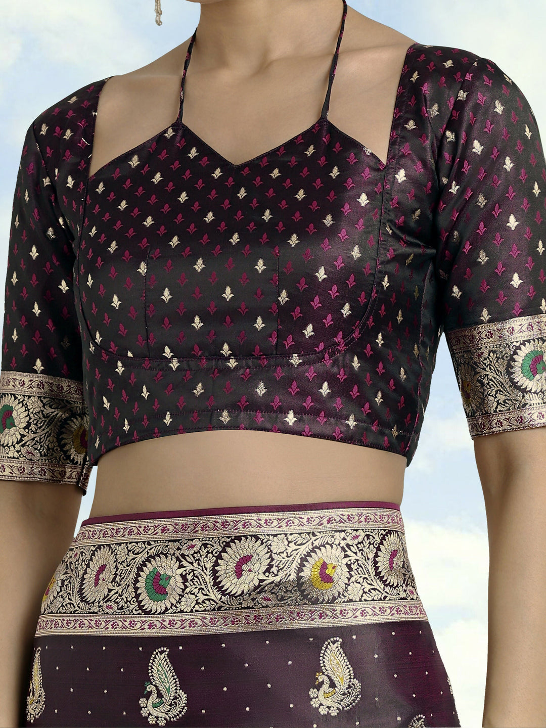 Wine Color Banarasi Satin Silk Zari Weaving Saree | SHOBITAM