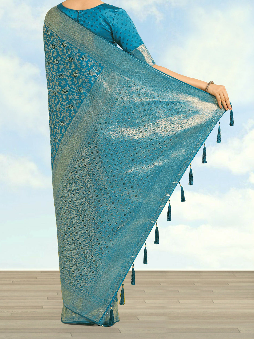 Sky blue Banarasi Satin Silk Meenakari zari weaving Saree | SHOBITAM
