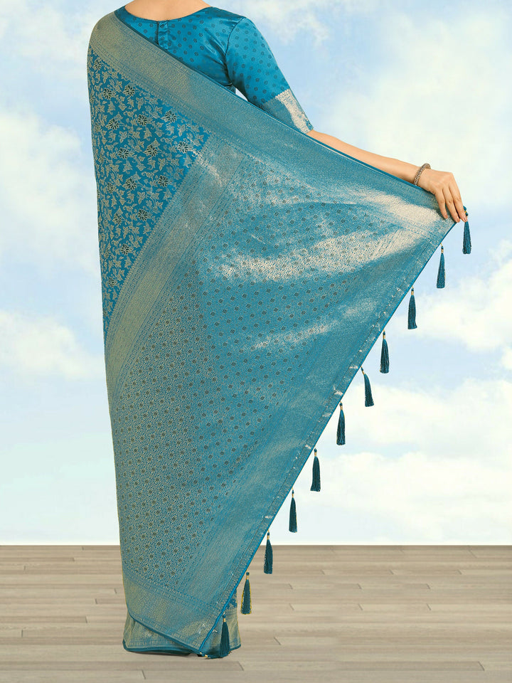 Sky blue Banarasi Satin Silk Meenakari zari weaving Saree | SHOBITAM