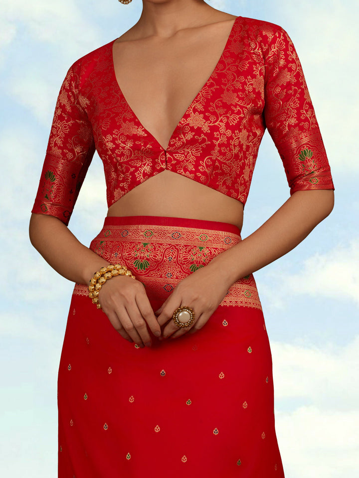 Red Banarasi Silk Blend Saree Comes with Unstitched blouse piece |SHOBITAM